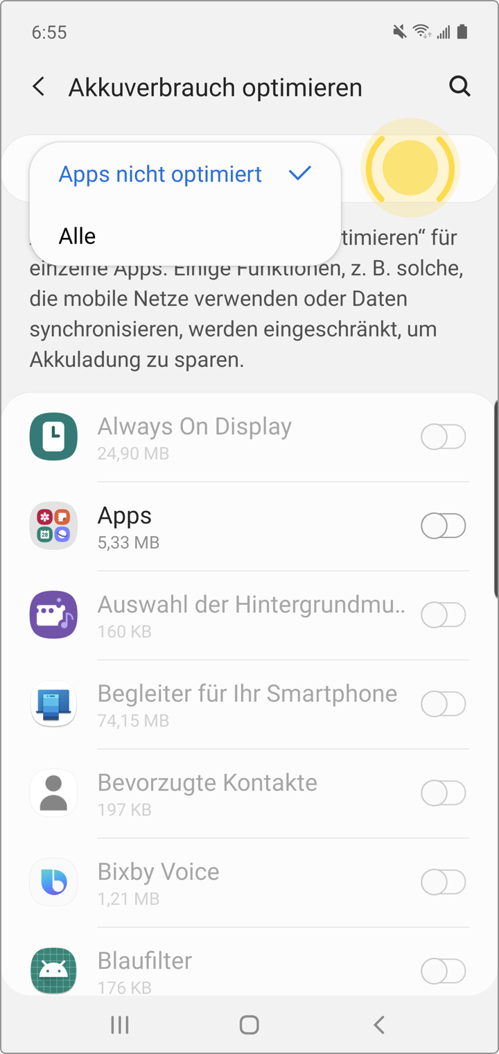 Samsung mit Android 11 - Akkuoptimierung ausschalten (mehrere Schritte)